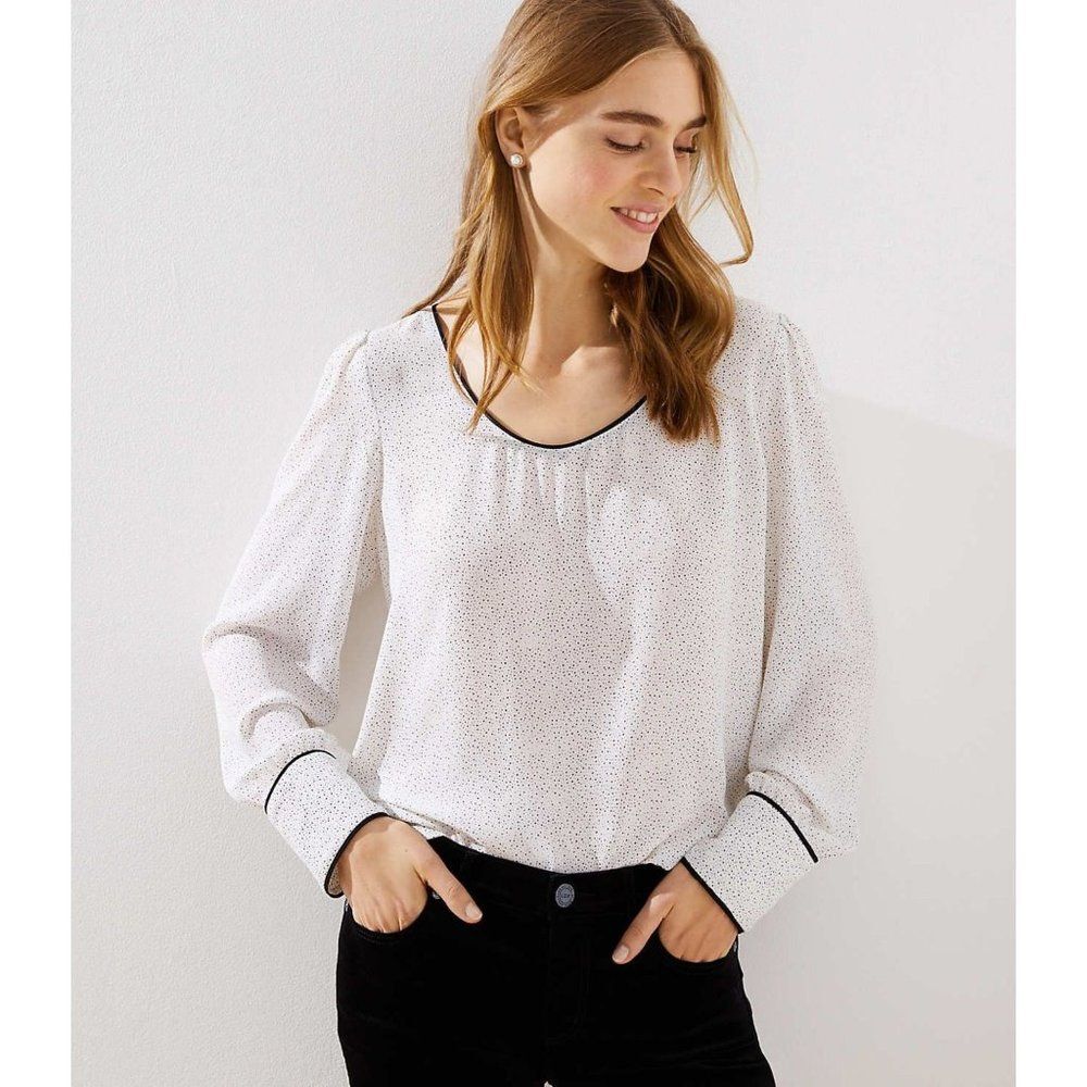 LOFT Micro Dotted Piped Scoop Neck Blouse